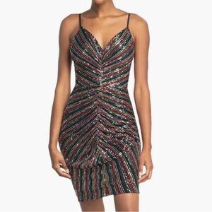 Dress the Population Viviane Rainbow Sequin Ruched Mini Dress Small